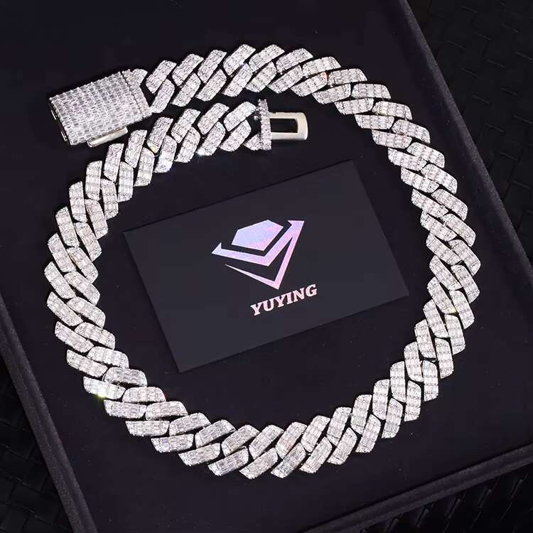 Heavy Silver Luxury Necklace 19mm Wide D Color VVS Moissanite Baguette Moissanite Diamond Cuban Link Chain
