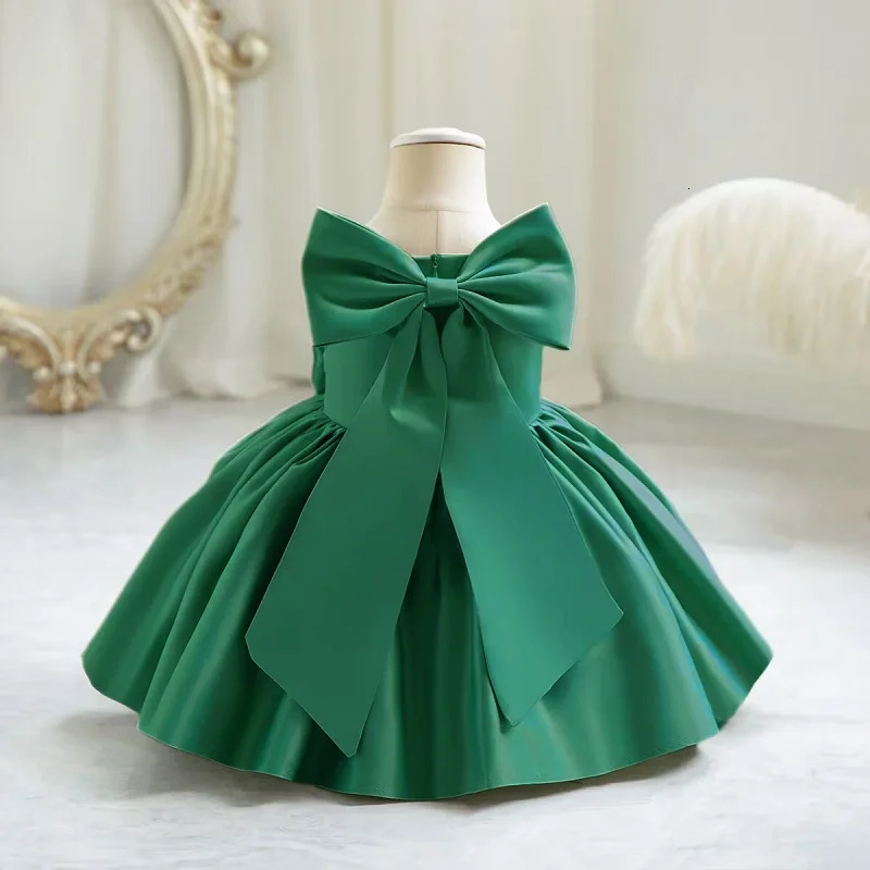 Girl Bow Princess Dress 0-5 Year Old Baby Fashion Satin Dress Carnival Birthday Party Host Performance Dress 250403