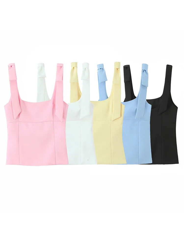 TRAFZA Womens Summer Bow Square Collar Top Womens Fashion Sexy Sleeveless High Street Side Zipper Ultra Thin Solid Top 250410