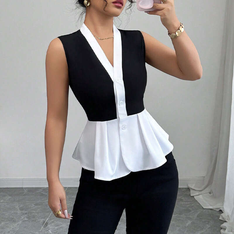 Cross-Border Wink Amazon Foreign Trade Sleeveless 2025 Summer European and American Commuting Style Fake Two-Piece Cardigan Shirt for Women