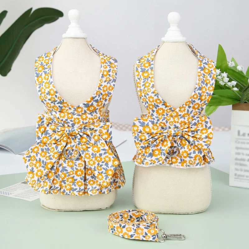 Summer Small Dog Dress Pet Harness with Breast Strap Traction Rope Cat Dogs Clothes Harness Vest Princess Tutu Dress Skirt J251110