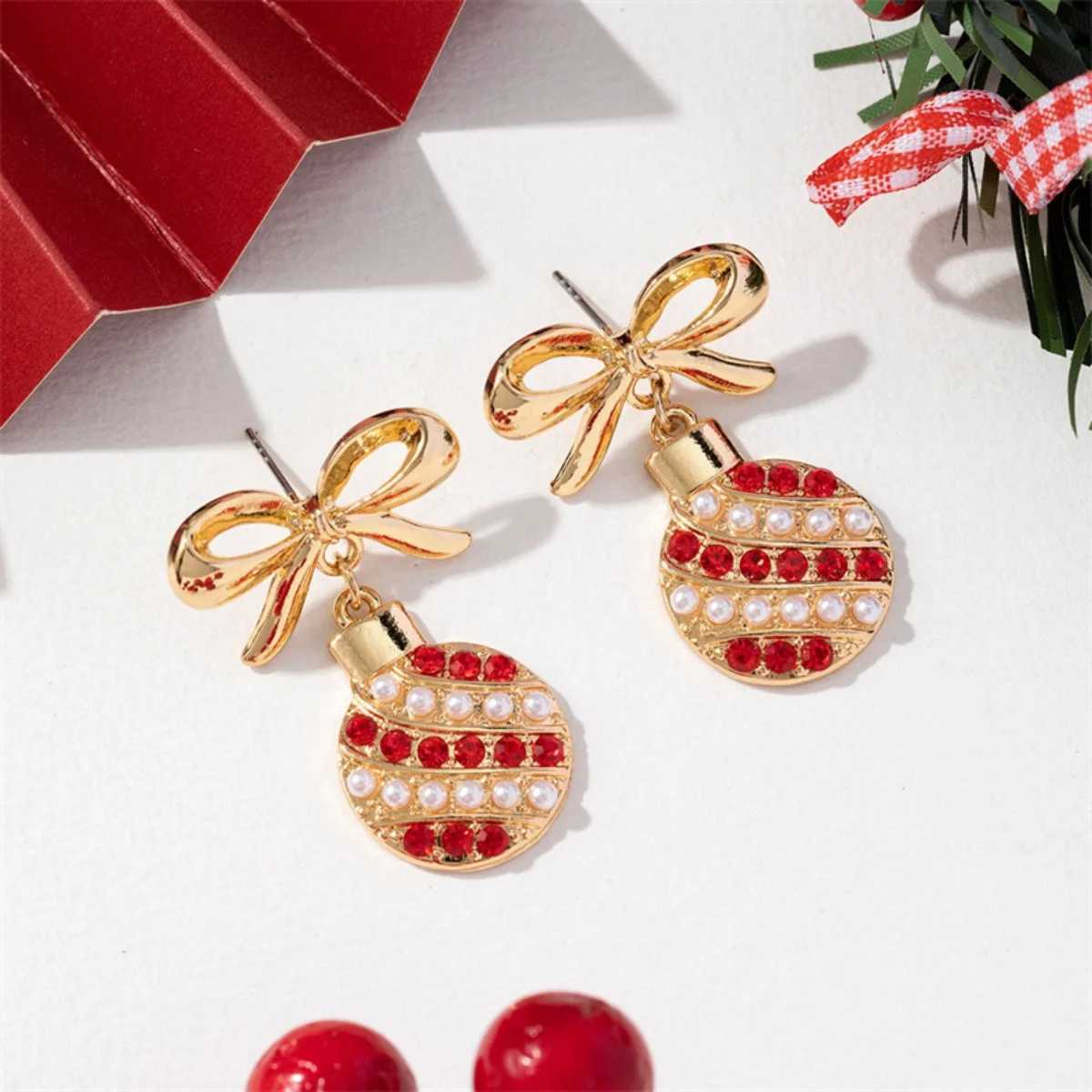 Christmas Holiday Drop Earrings Bowknot Imitation Pearl Red Rhinestone Light Bulb Pendant Earrings Jewelry Gift For Women Men J251110