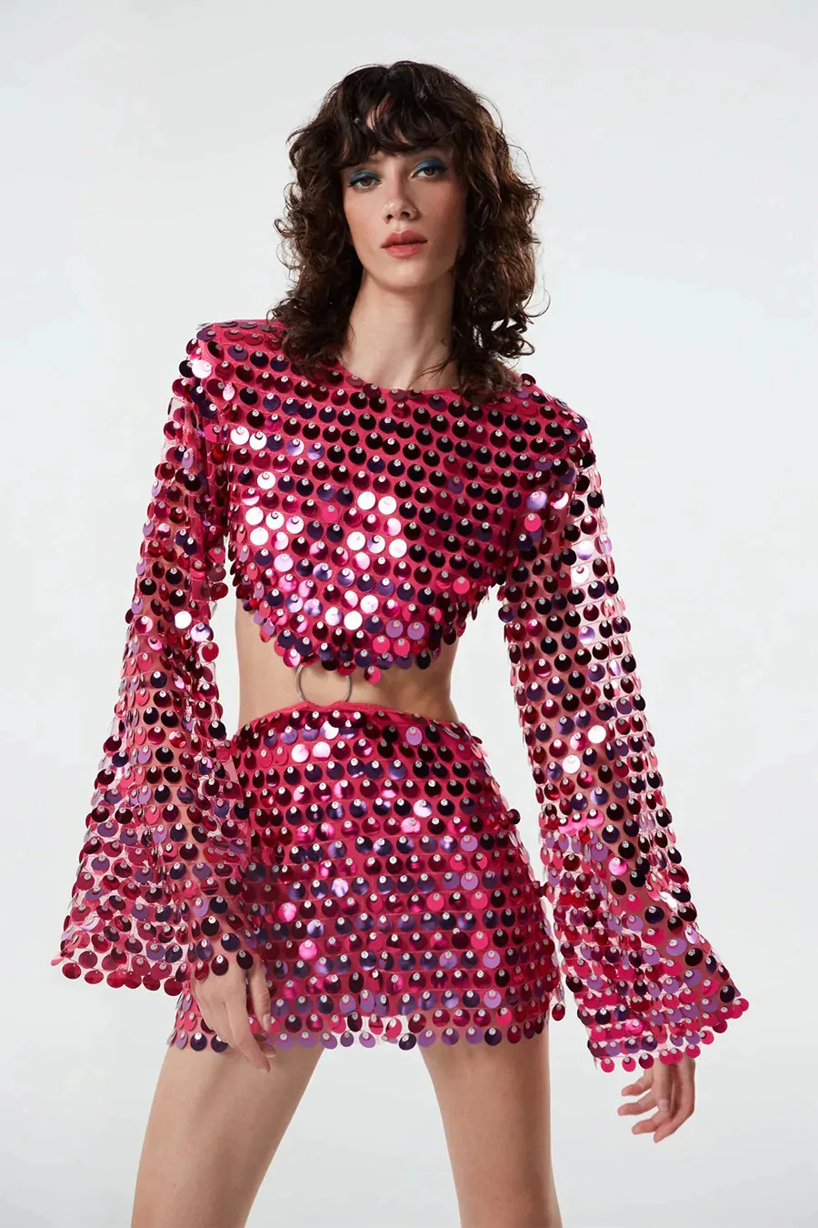 Sparkling hollow mini dress for women fashionable long flash sleeves ultra-thin flash dress street party club mini vest 250403