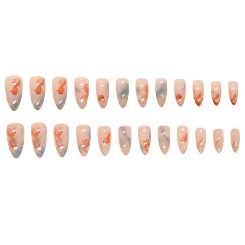 24pcs Ins Simple False Nails Goldfish Pattern Almond Fake Nails Wearable Detachable Simple Nude Pink Press W250410