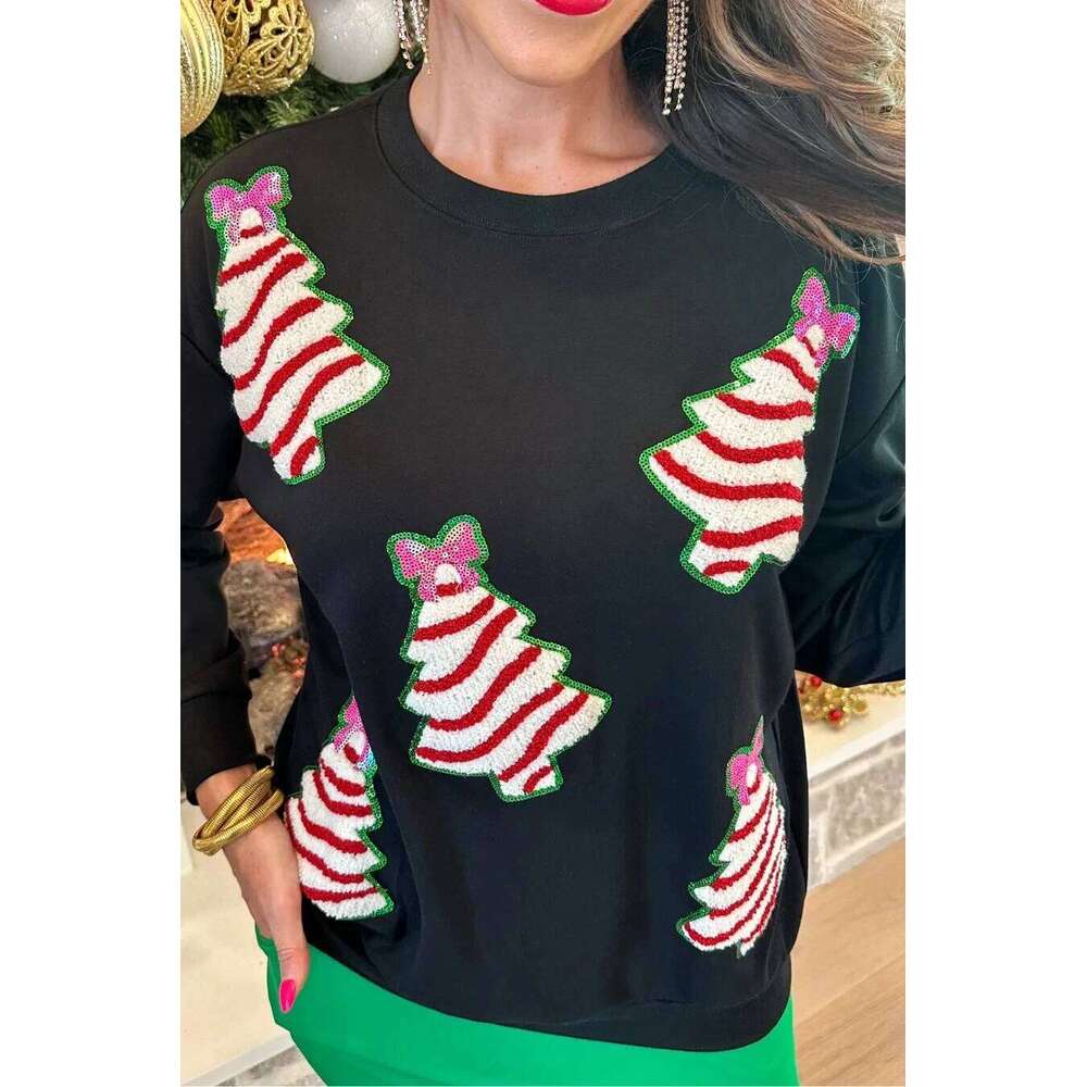 Dropshipping Sequin Christmas Tree Graphic Drop Shoulder Sweatshirt Designer Sweater Women