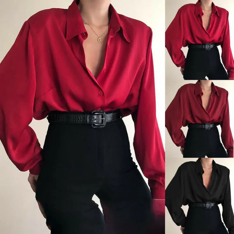 Women Button Blouses Turn Down Collar Shirts Office Lady Long Sleeve Casual Blouse Loose OL Shirt Baggy Tops RedWine Red Black 250409