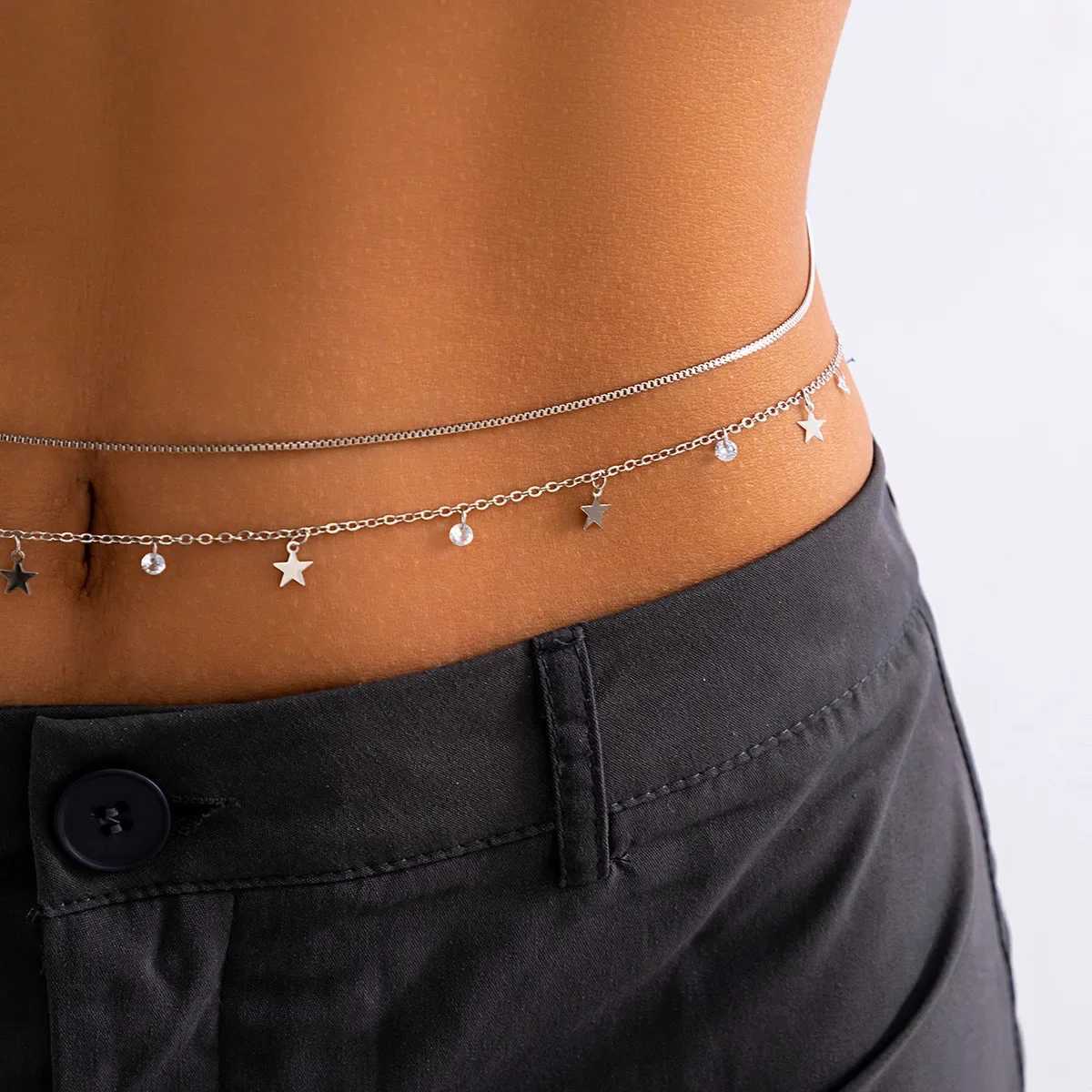 Ladies sexy rhinestone body chain fashionable street photography project moon pentagonal pendant Versatile tassel waist chain X250410