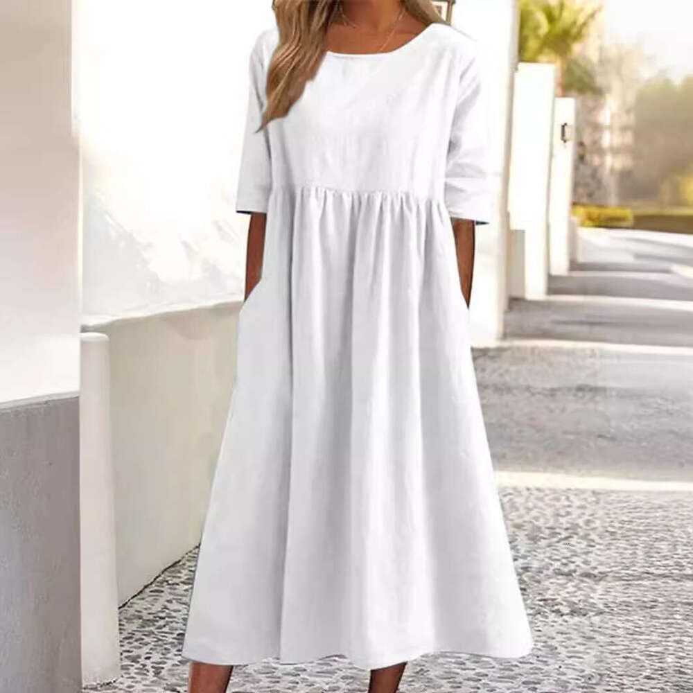 2025 Summer Amazon Independent Station New Cotton Linen Casual Short Sleeve Pocket Ruched Loose Round Neck Dress