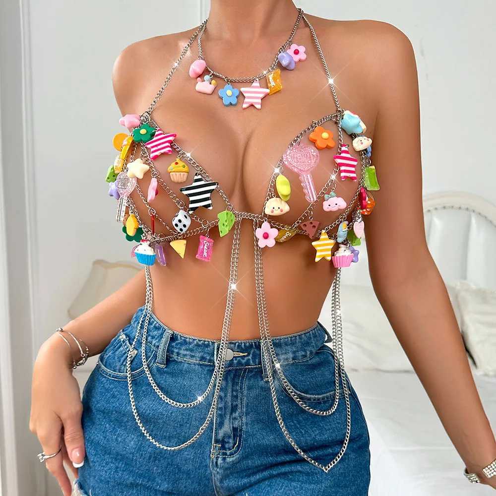 Y2K Sexy Summer Beach Bikini Festival Rave Chest Thoracic Chains Colorf Cartoon Pendant Waist Beads Waist Belly Belt Chain New X250410