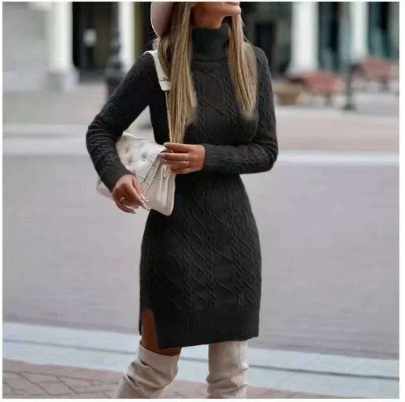 2024 Autumn Winter New Women's Wrap Hip Skirt High Neck Warm And Thickened Elegant Knitted Sweater Long Sleeve Dress