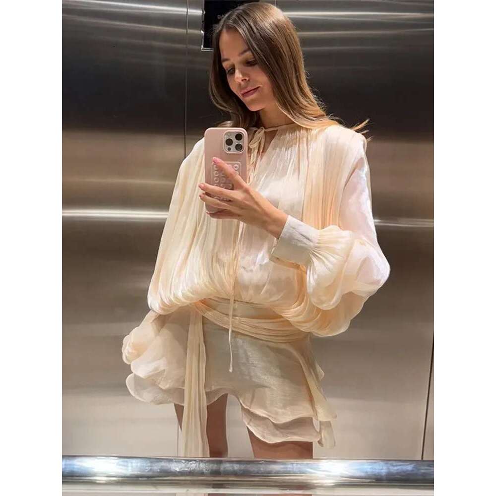 Elegant Solid Blouse Mini Dresses For Women V Neck Long Sleeve Spliced Lace Up Sweet Style Dress 2025 New Street Party Vestidos