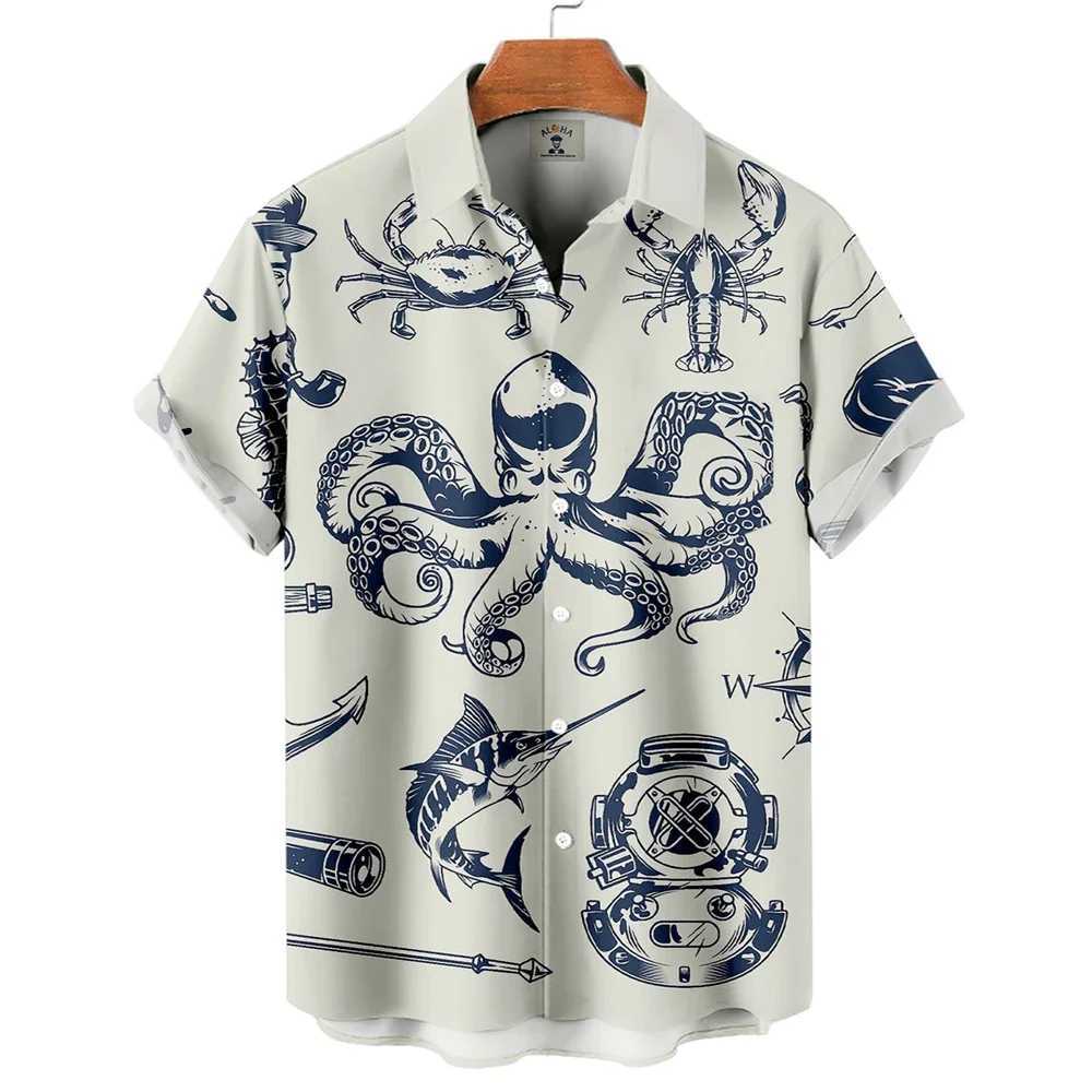 Fashionable Harajuku Hawaiian casual flower mens shirt octopus 3D printed summer short sleeved mens shirt Camisas Casuais X250410