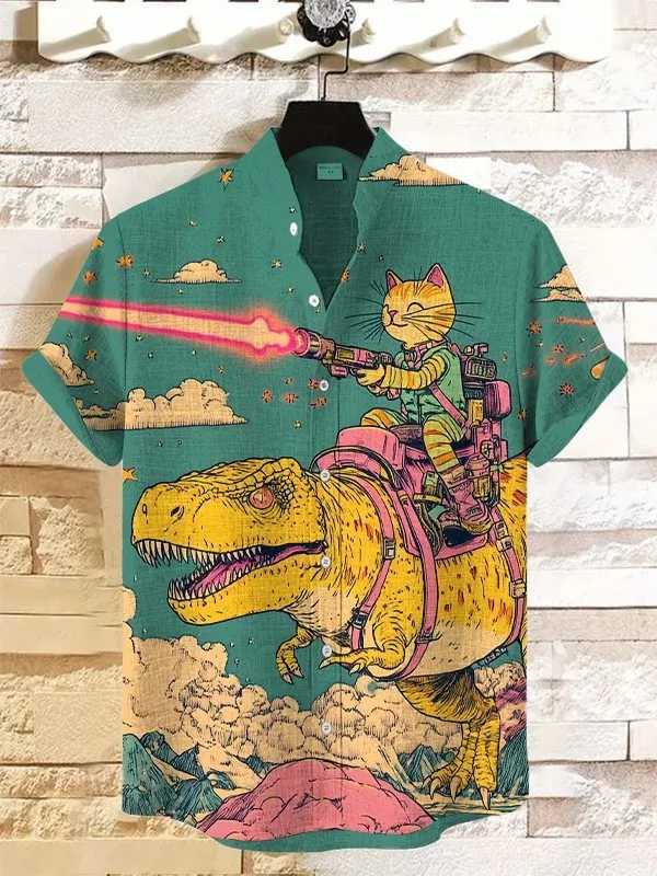 Mens cat graphic shirt short sleeved button up collar shirt summer oversized top vacation casual Hawaiian shirt X250410