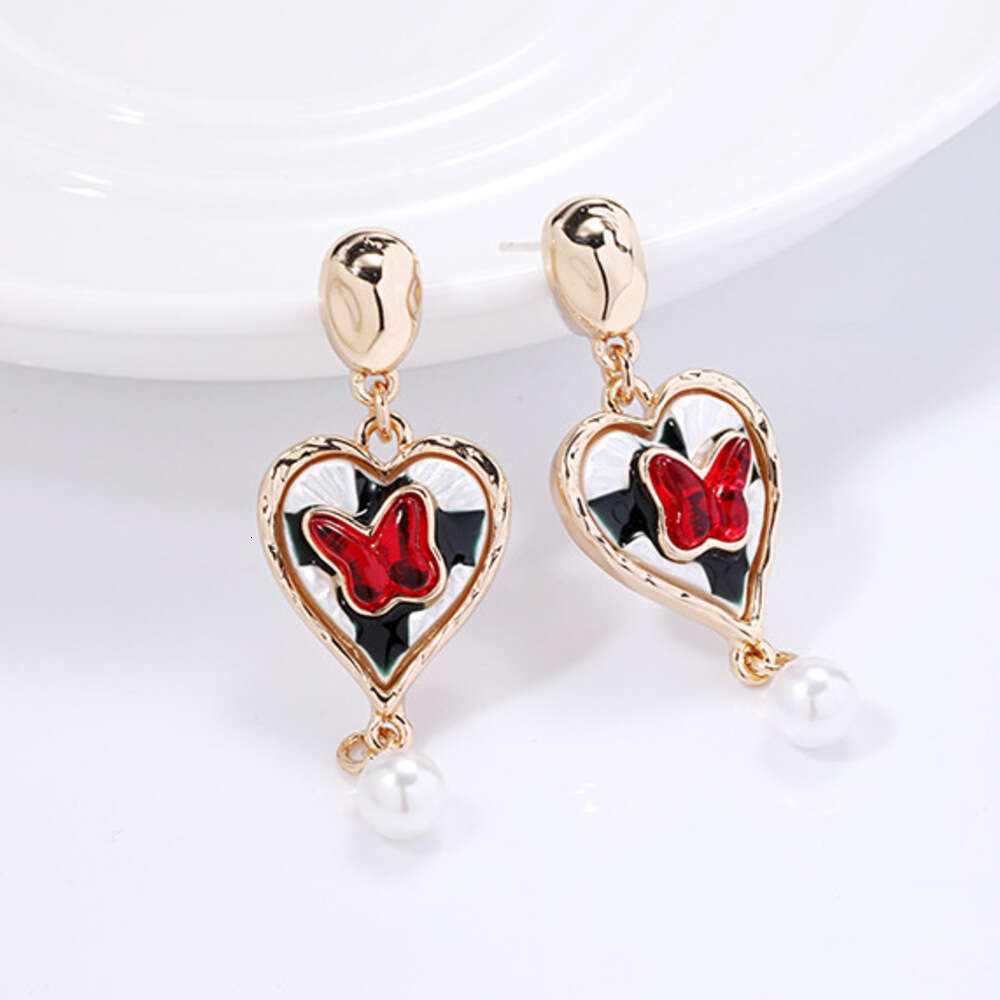 DHcollections Light Luxury High-End Artistic Retro Exquisite Personality Red Butterfly Heart Women's 925 Silver Needle Earrings Studs Ear Jewelry