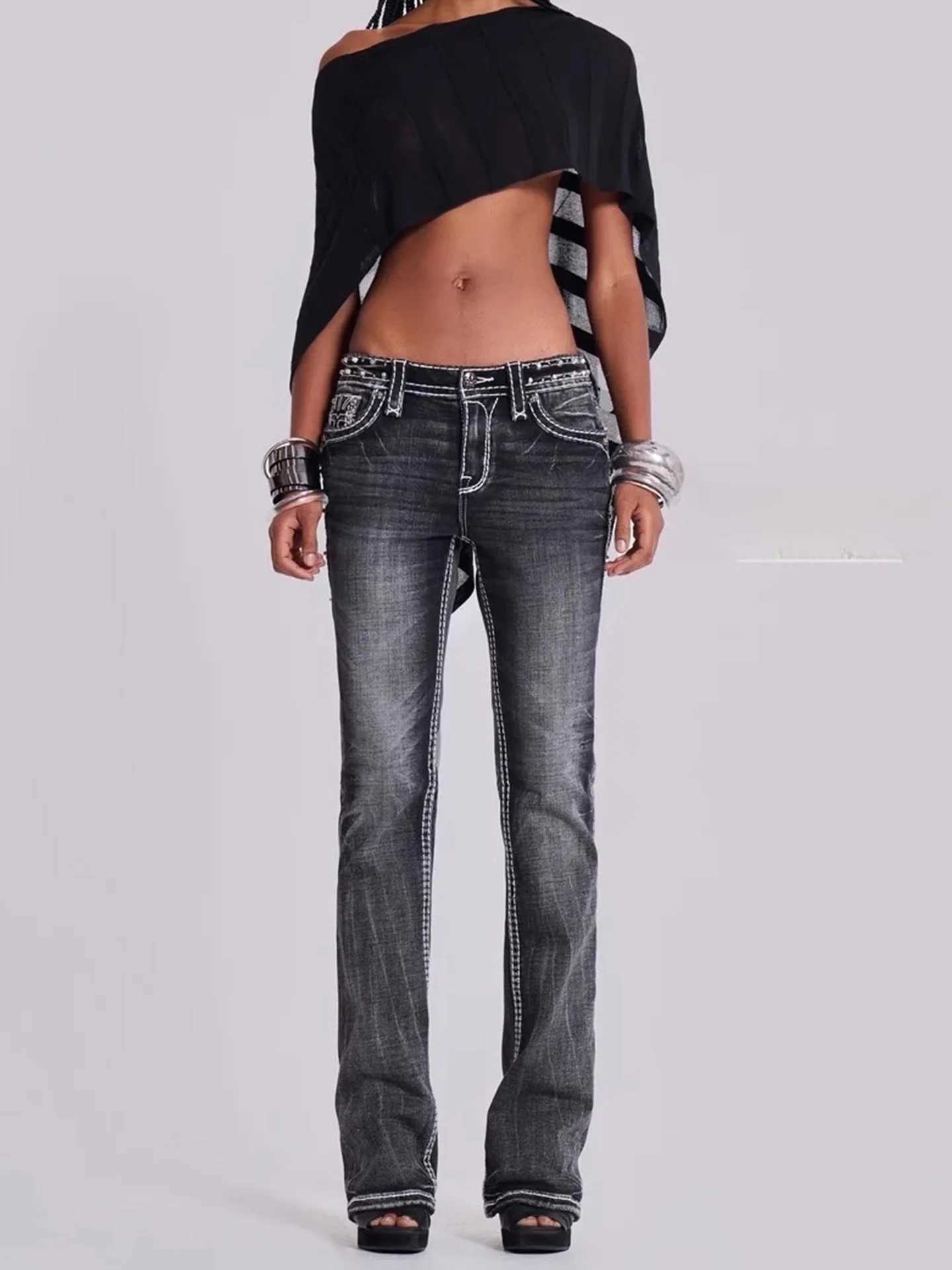 Women Vintage High Street Low Rise Flared Jeans 2025 Autumn Bell Bottom Y2k Goblin Core Harajuku Skinny Denim Pants Streetwear C251110