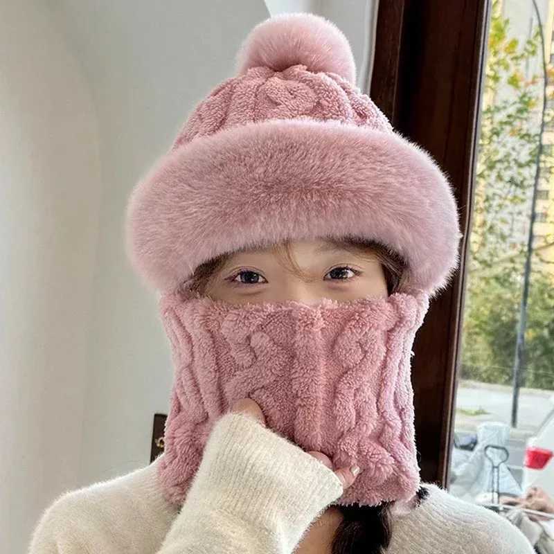 Winter Beanie Hat Scarf Mask One-Piece Fleece Pom Beanies for Women Warm Bonnet Ears Protection Multifunctional Skiing CapsXJ251110