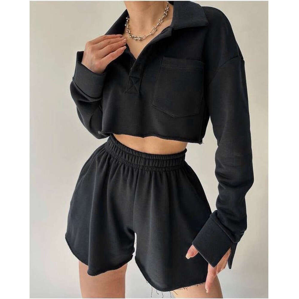 2024 European and American new solid color long sleeved short casual cardigan top drawstring shorts set