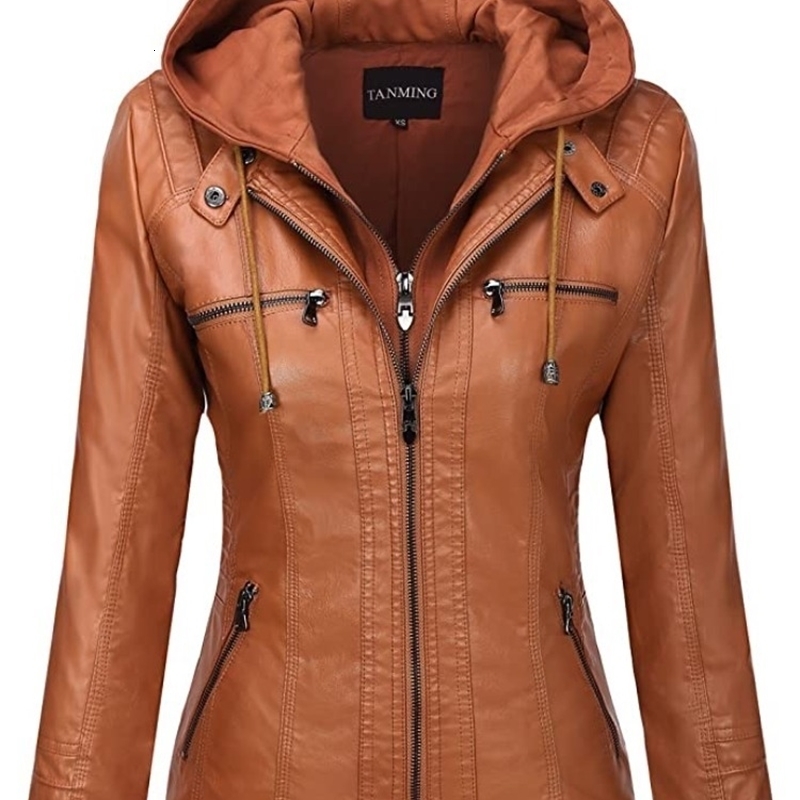 Hooded Leather Jacket TwoPiece Set Removable Large Size for Women Spring Fall Outwear Pu Washed 251105