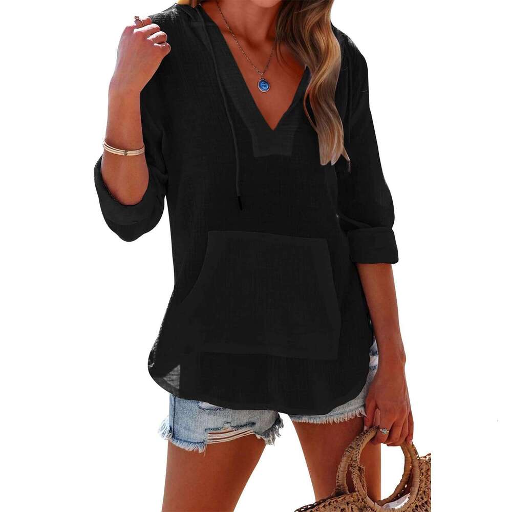 2025 Summer Amazon Beach Cover-Up Hoodie Sports Long Sleeve V-Neck Pocket Hooded Women's Shirt Top