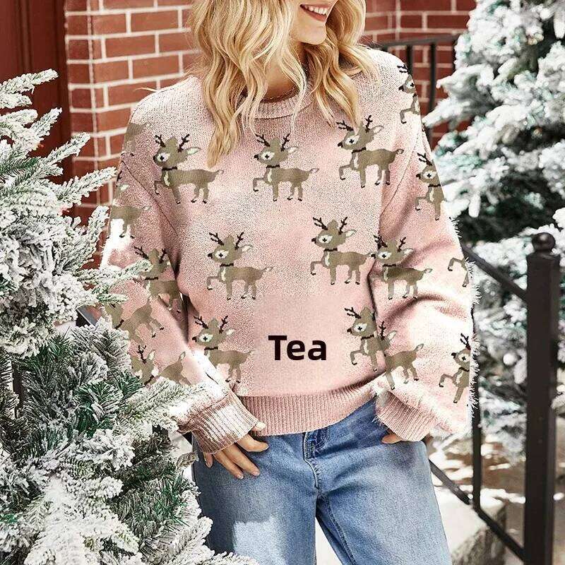 Red Christmas Knitted Sweater Loose Long Sleeve Overhead Deer Pattern Women's Fashionable Casual Comfortable Knitwear Designer Sweater Women