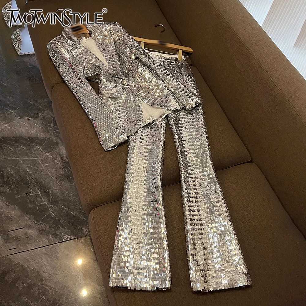 TWOTWINSTYLE Solid Sequin Two Piece Sets For Women Lapel Long Sleeveltop High Waist Pants Elegant Set Female Fashion W251110