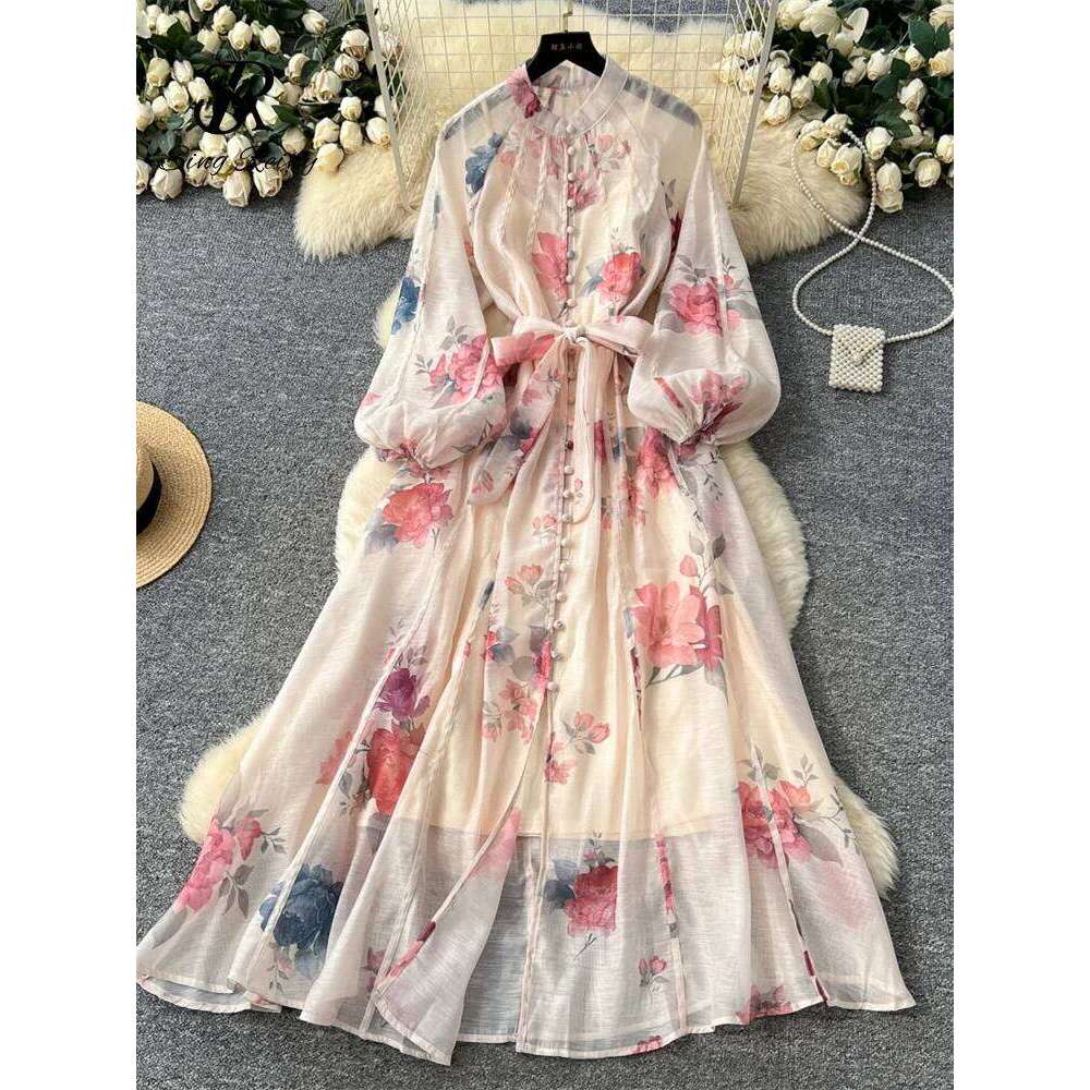 SINGREINY French Style Court Floral Maxi Lantern Sleeve Belt Slim High Quality 2025 Autumn Fashion Luxury Party Dresses