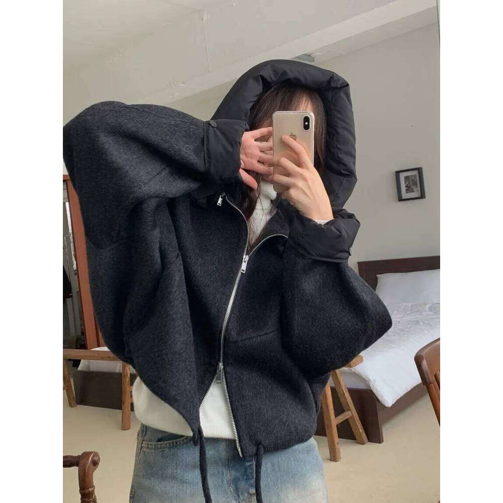 2Colors Autumn Winter Woolen Jacket Women's Casual Loose Detachable Hood Korean Style Long Sleeve Zipper Coat Female Jl3880