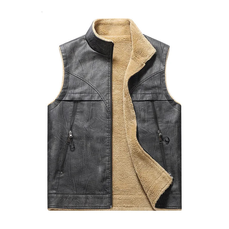 Man Leather Vest Autumn Winter Thicken Fleece Warm Stand Collar Male Waistcoat Sleeveless Zipper Casual Versatile Men Coat 251105