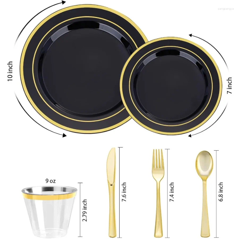 Plates Black Gold Dinnerware Set For 25 Guests Plastic Halloween Party And Christmas Disposable Dess