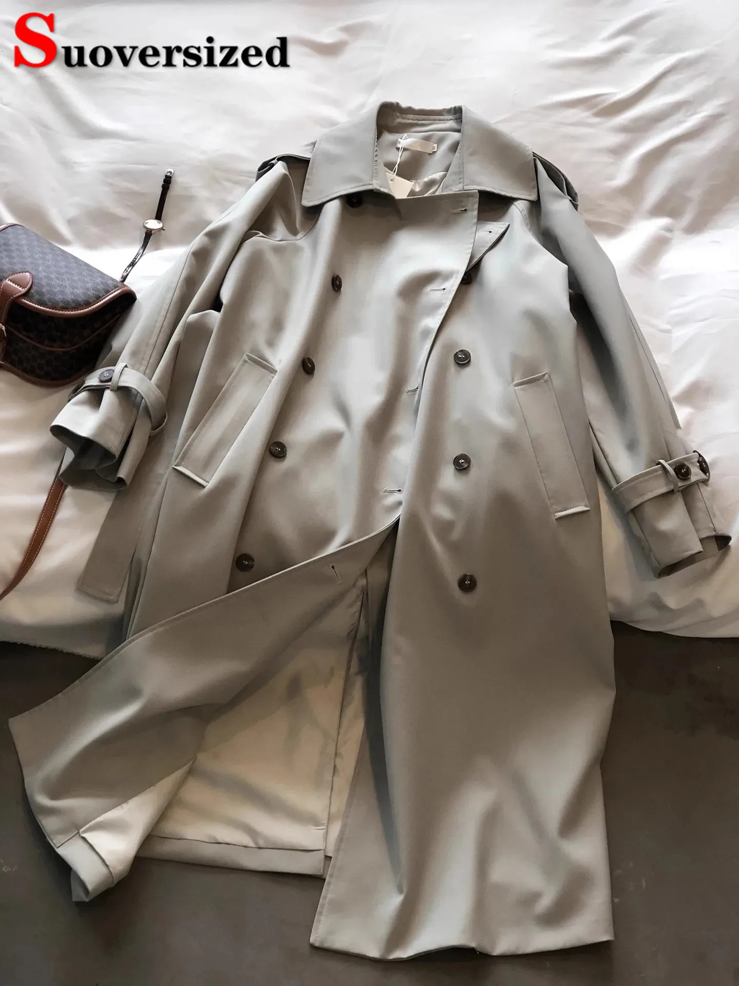 Korean fashion double chest long trench Coats womens streetwear loose Gabardina jacket with spring autumn sleeves Abrigos 250410
