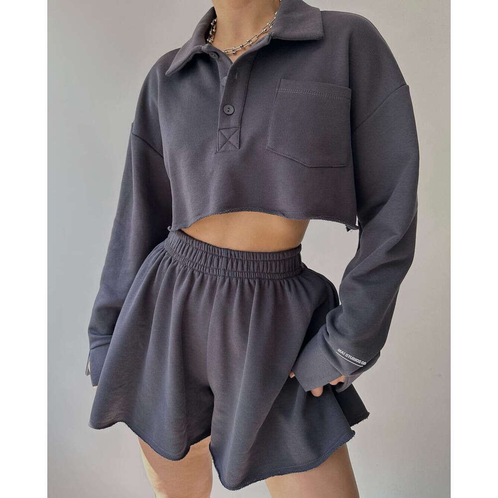 2024 European and American new solid color long sleeved short casual cardigan top drawstring shorts set