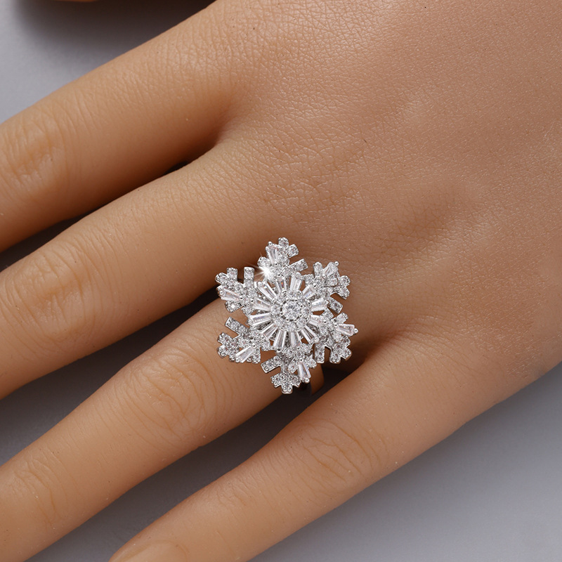 Designer Ring Korean Fashion New Snowflake Double Layer Rotatable Open Ring For Women Ins Style Fashion Ring Elegant Adjustable Trendy Ring