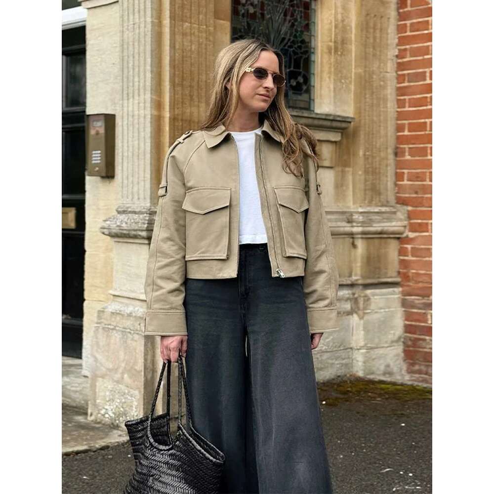 Vintage Women's Short Jacket Pockets Zipper Full Sleeve Khaki Green Thick Coats 2025 Spring Autumn Lady Loose Street Outwear
