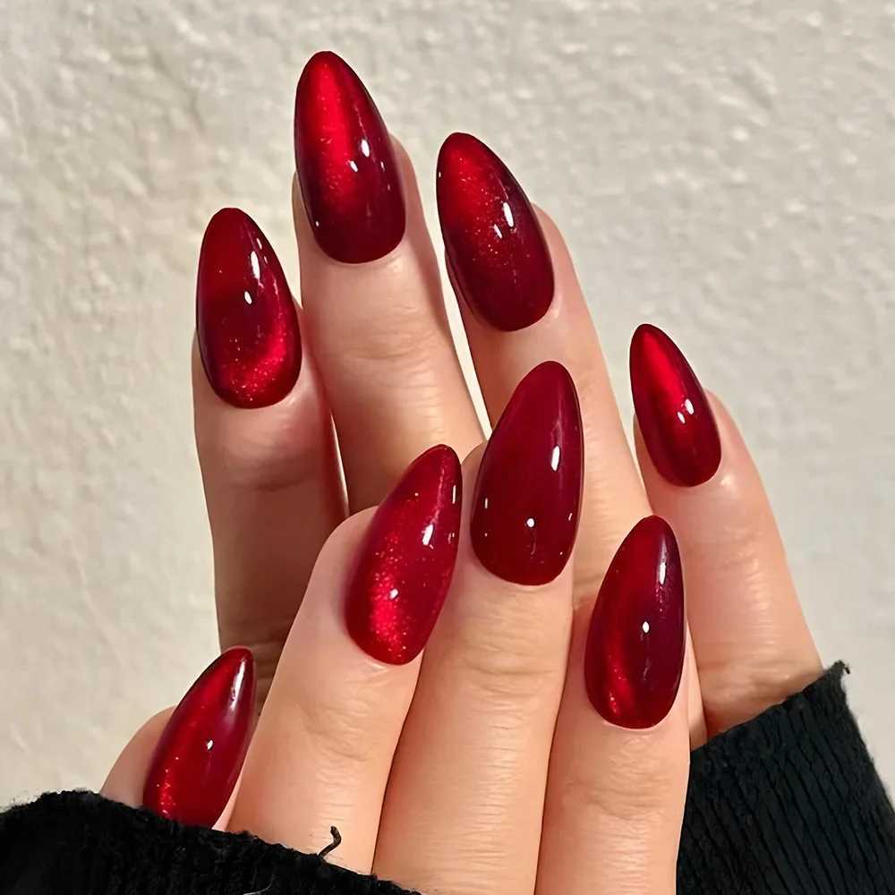 30 smooth red cat eye pressure on nails fully covered nude wearable almond shaped fake nails removable suitable for girls fake nails W250410
