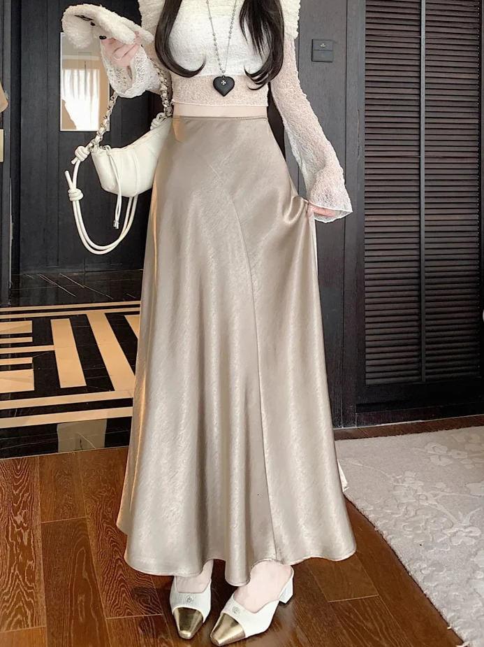 ious and elegant fish tail skirt Aline summer acetate satin long leather classic version gray high waisted womens skiing 250407