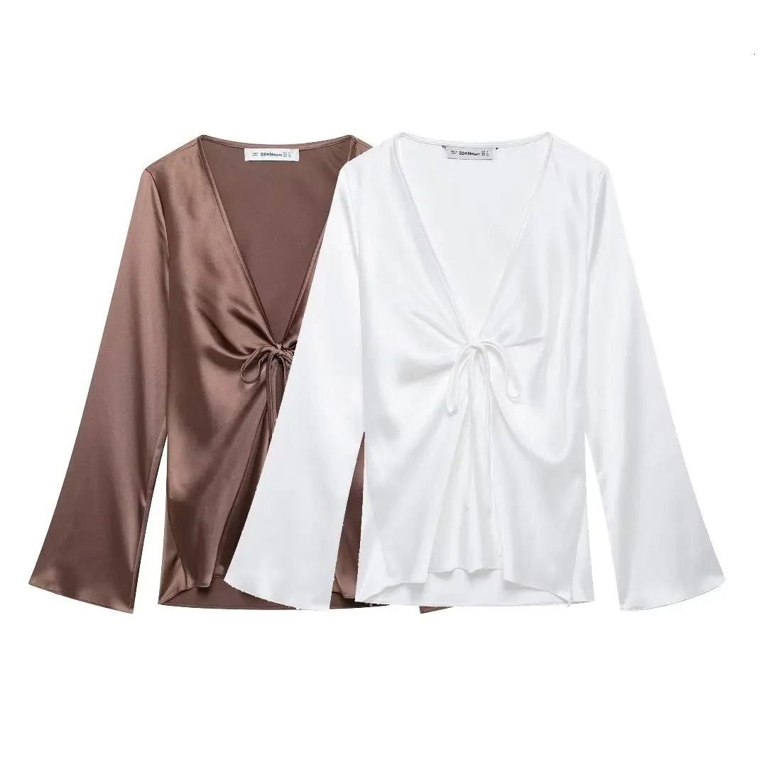 Autumn womens clothing European and American fashion bow decoration silk satin texture shirt street style top 250409