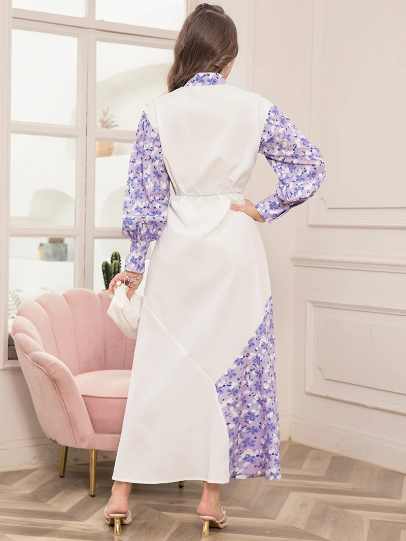 Elegant printed high neck contrasting color waistband shirt long sleeved dress - Womens fashionable slim fit long skirt 250409