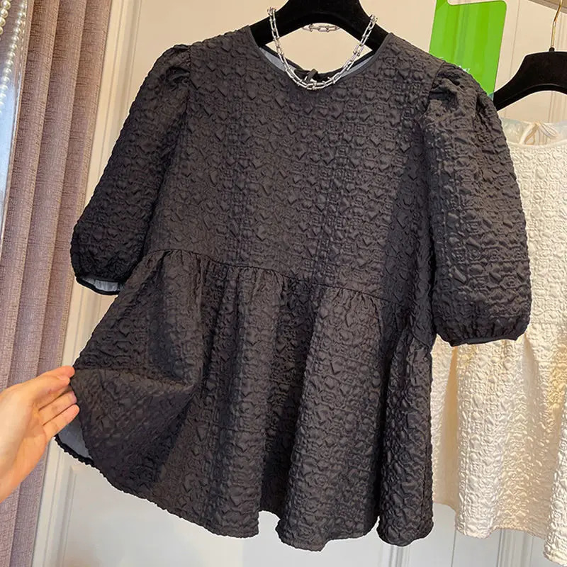 Womens clothing pleated loose pleated fashionable top summer short sleeved O-neck solid plus size casual T-shirt 250410