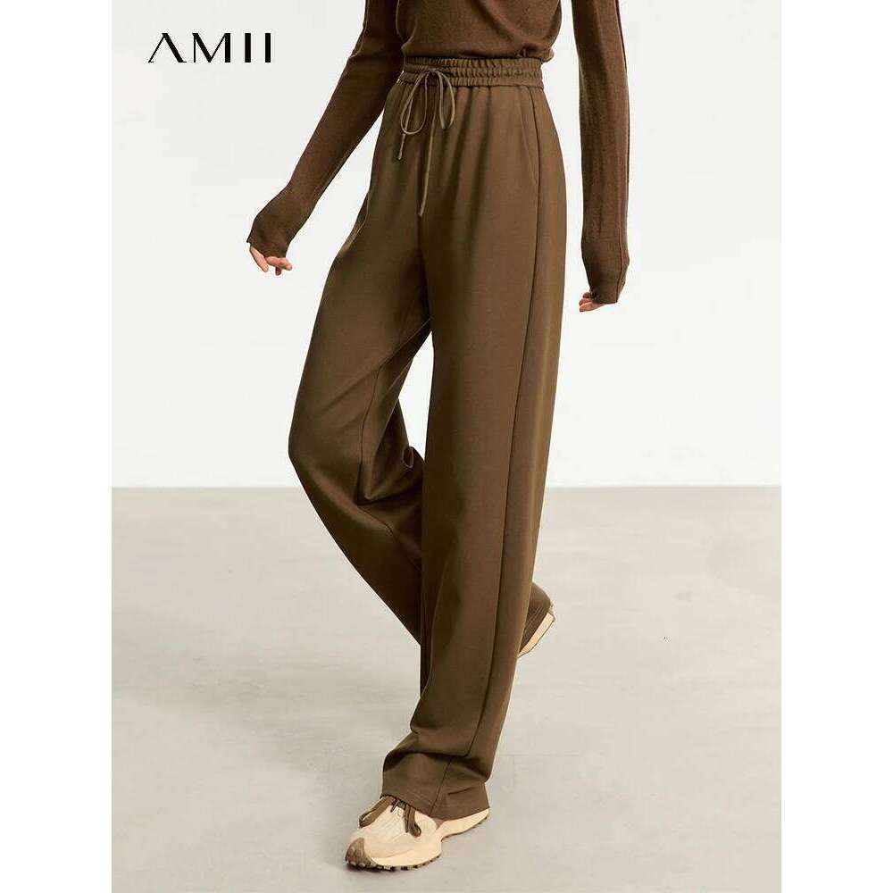AMII Minimalism Casual Pants For Women 2025 Autumn Wide Leg New Loose Vertical Elastic Waist Drawstring Sporty Trousers 12343338