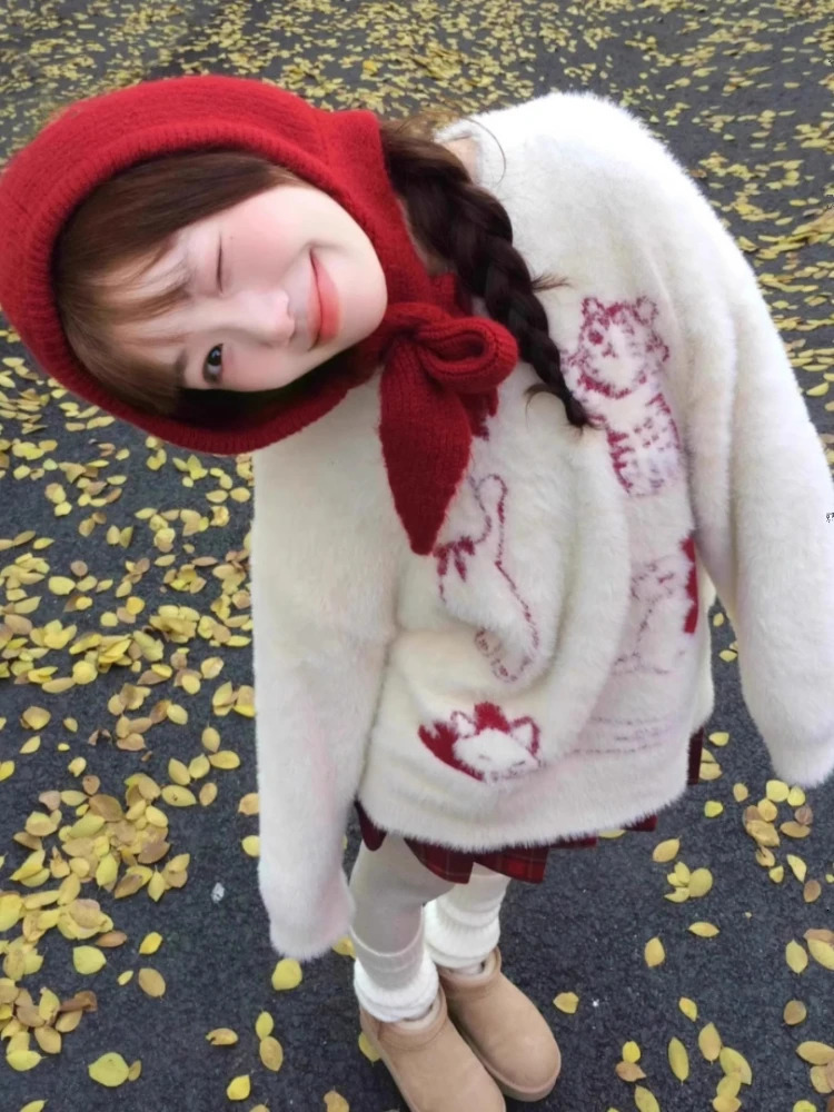 Preppy Style Pullovers Cartoon Jacquard n Aesthetics Sweet Cute Autumn Winter Sweaters for Women Fashion All Match Clothing 251105