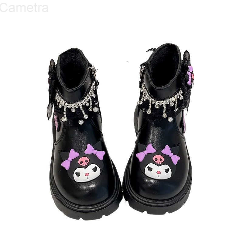 Sanrio Kid Princess Shoes Cute Kuromi Soft Sole Girls Leather Boots Non-Slip Autumn Winter New Children Short Boots Cotton Shoes H251110