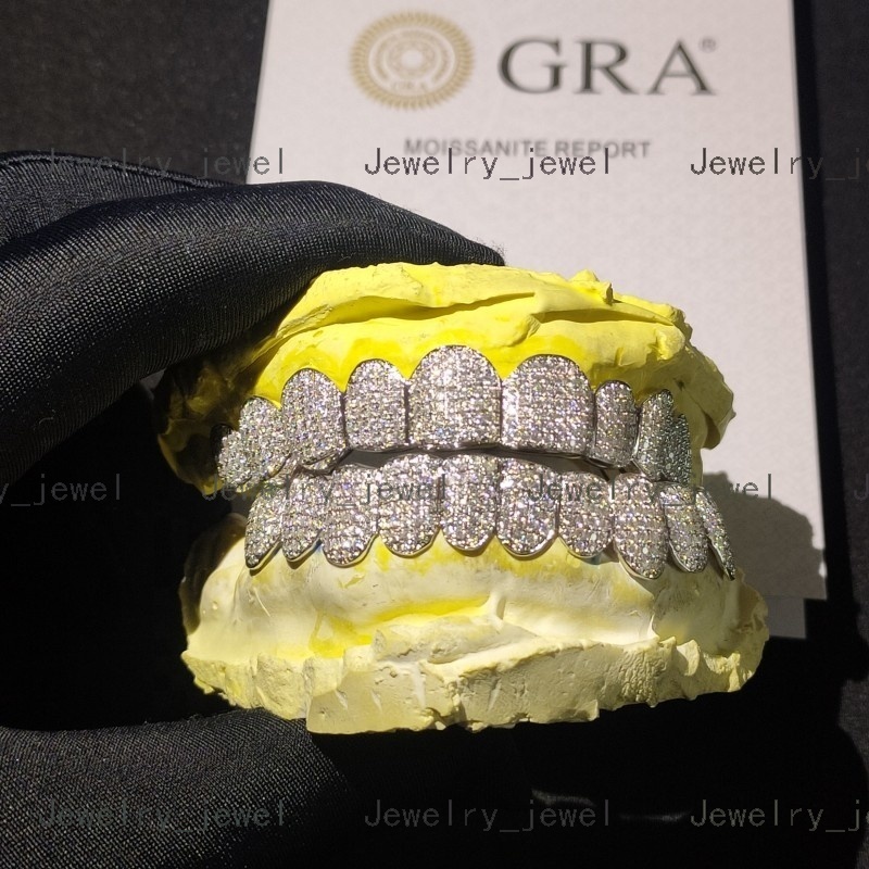 Custom Moissanite S925 Silver Teeth Grillz Silver Diamond Bling Tooth Grills for Men Women High-End Jewelry Pass Test