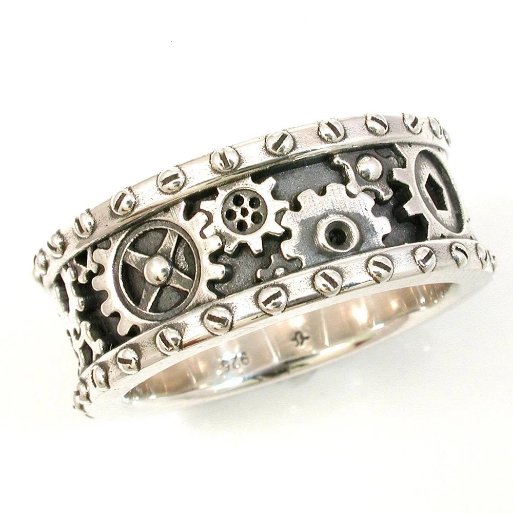 Huitan Handmade Gears Carved Finger Rings Men/Women Antique Silver Color Hiphop Punk Party Ring Personality Unisex Jewelry 251110