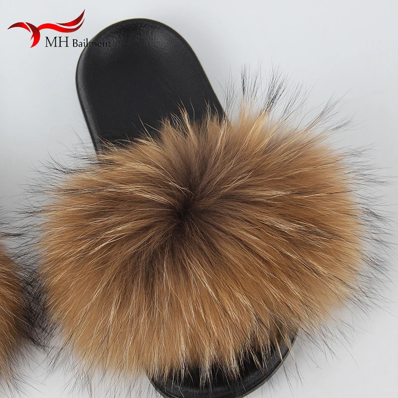 Raccoon Womens Fur Slide Summer Fluffy Indoor Blurred Flat Slide Outdoor Fashion Beach Sandals Flip Cover 250408