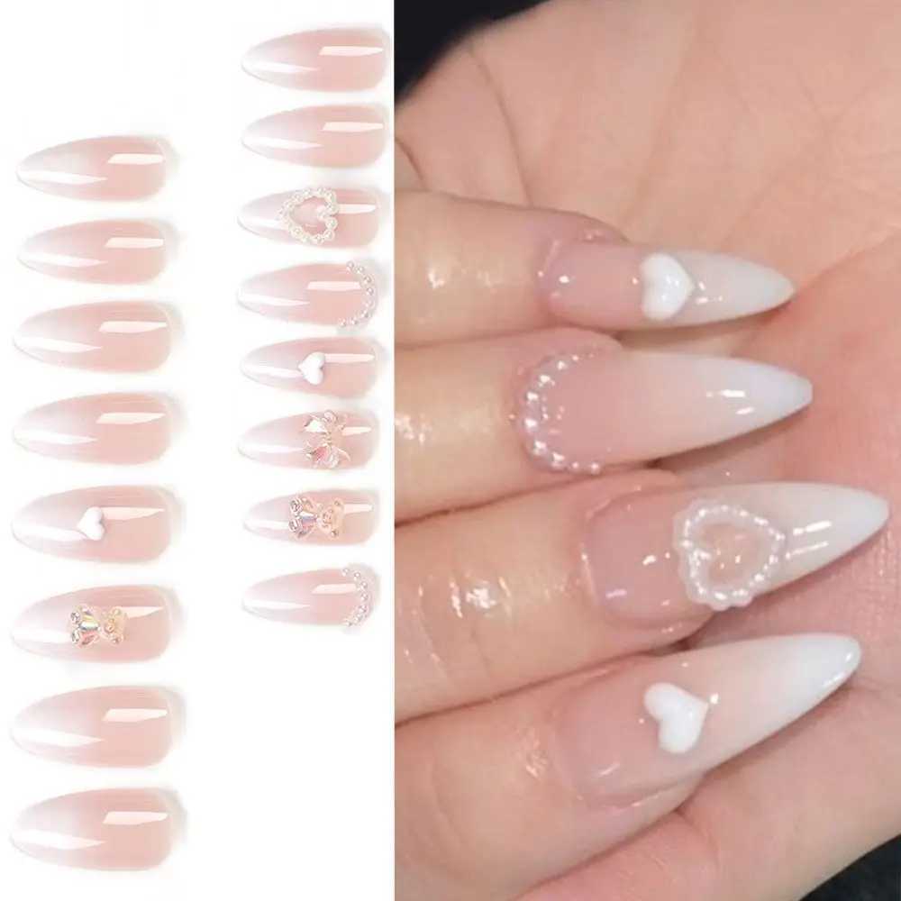 24 pieces of long almond fake nails French pearl love heart bow press fake nails DIY hand carved removable nail tips W250410