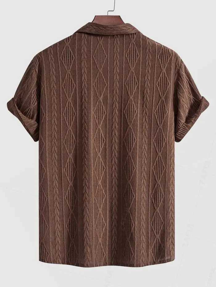 ZAFUL Mens Camping Collar Button Geometric Jacquard Openwork Short Sleeve Shirt X250410
