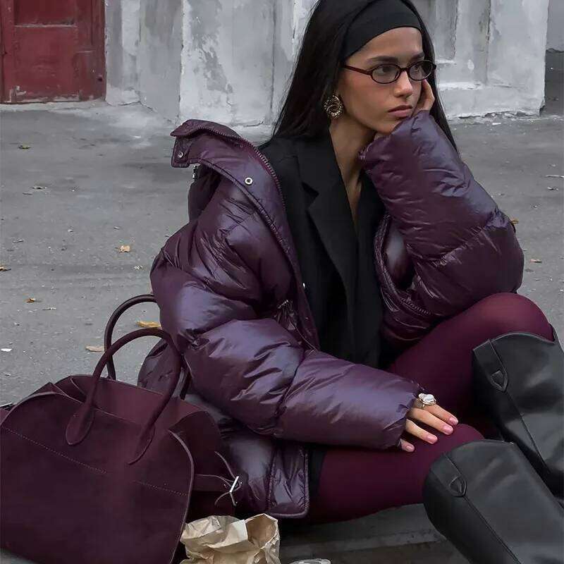 Elegant Burgundy Women Padded Cotton Jackets Stand Collar Long Sleeve Zipper Pockets Warm Coats Autumn Winter Lady Streetwear