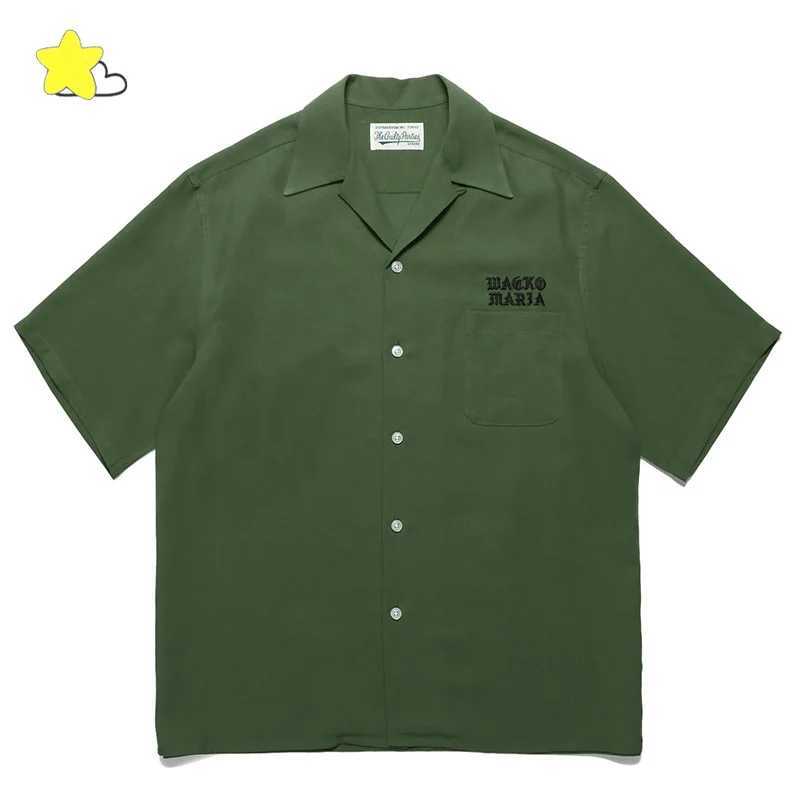Casual solid color Hawaiian style short sleeved mens classic letter embroidery WACKO MARIA shirt loose top X250410