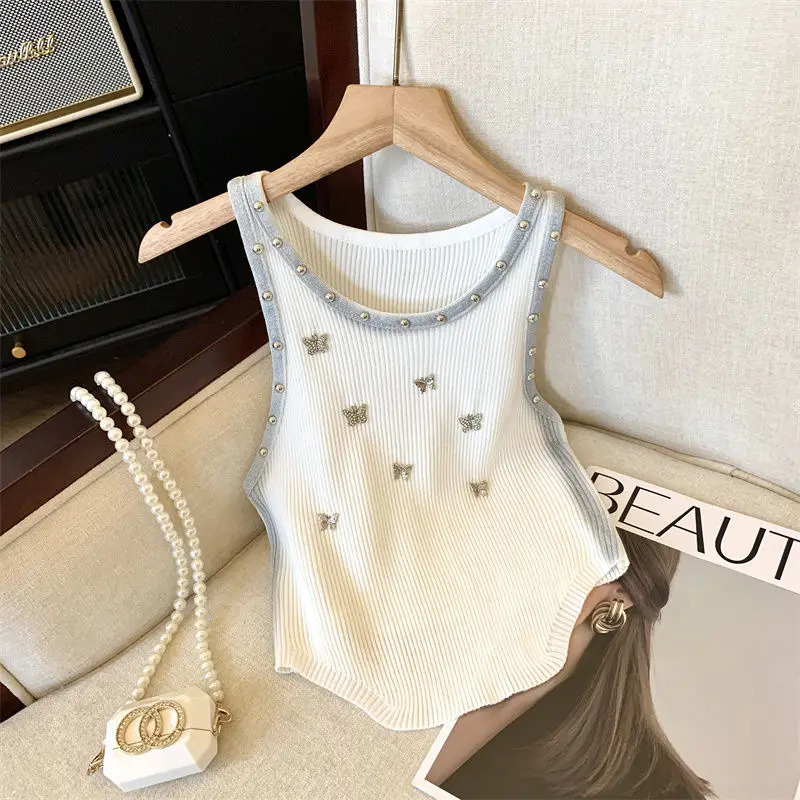 Summer embroidered flame butterfly knitted tank womens ultra-thin O-neck Y2K sleeveless top 250410