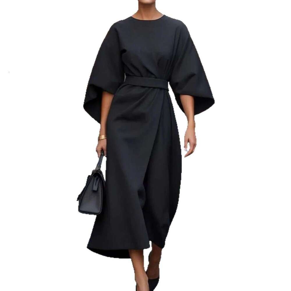 2025 Foreign Trade Women's European and American Cross-Border Fashion Elegant Solid Color Waist-Cinching Casual Batwing Sleeve Long Dress
